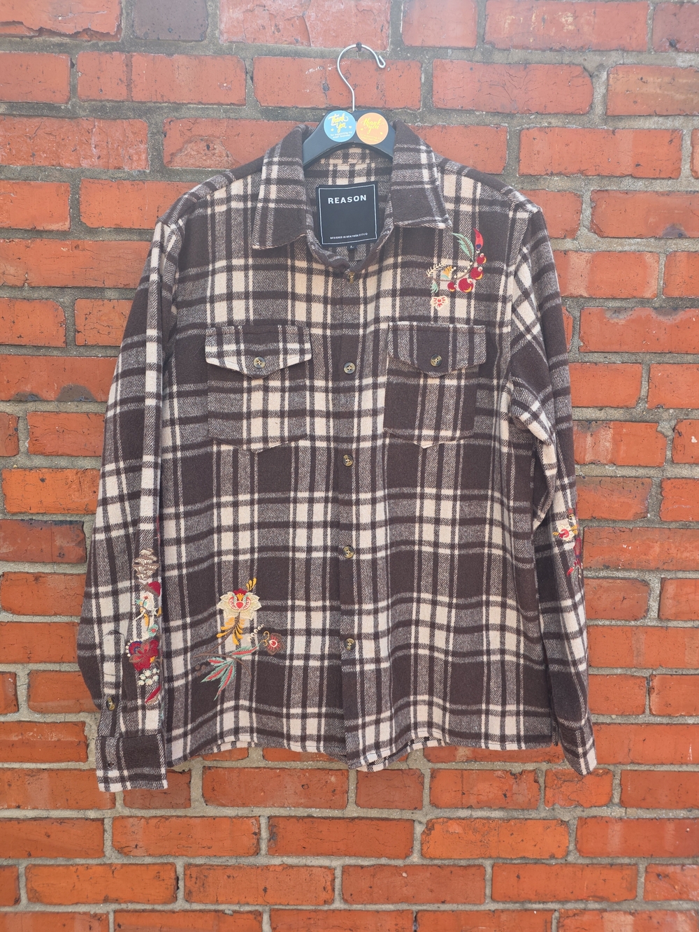 Reason Men’s Large Brown Plaid Embroidered Floral Flannel Shirt Streetwear (F)
